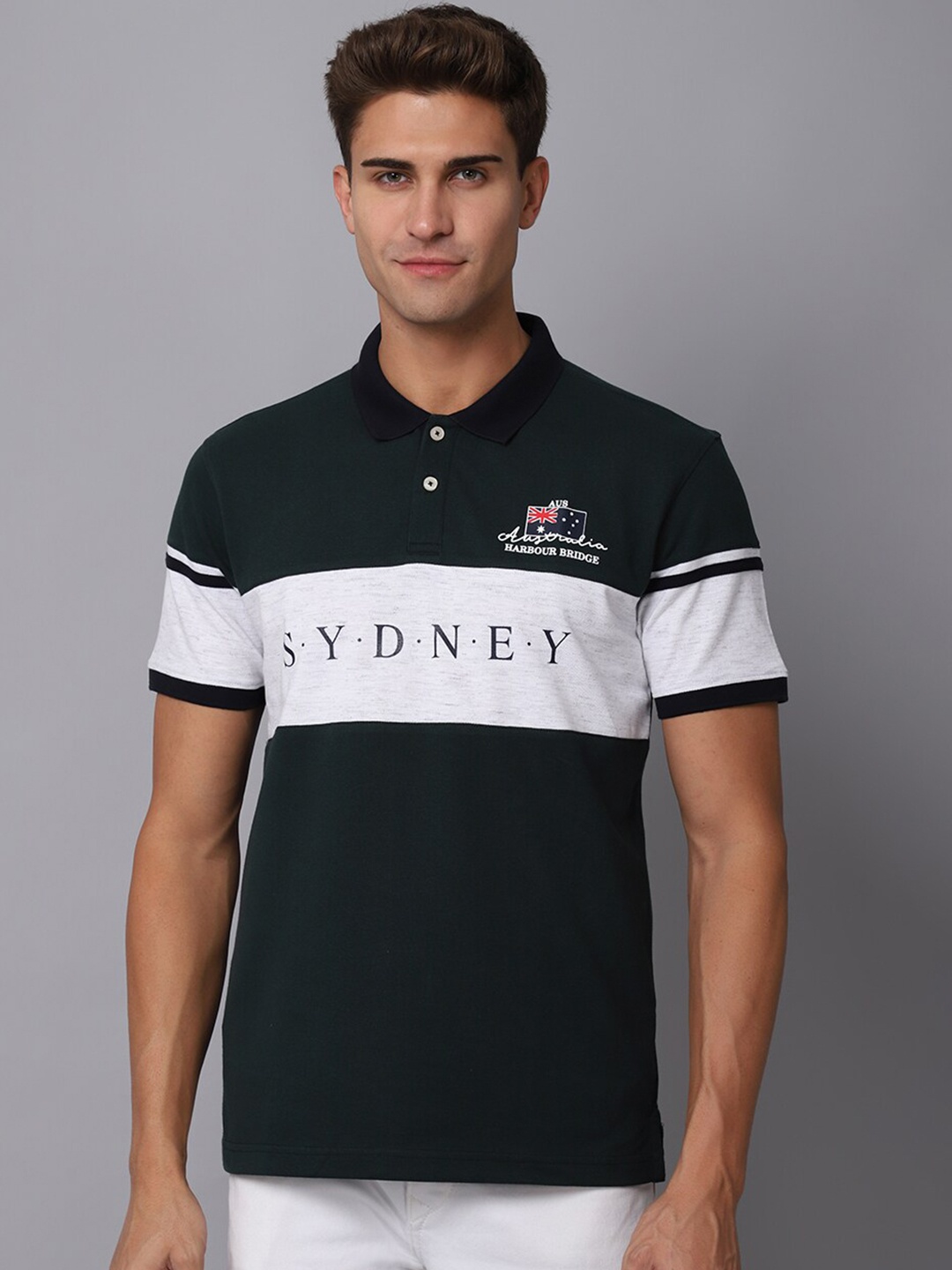 

Cantabil Men Green Colourblocked Mandarin Collar Applique T-shirt