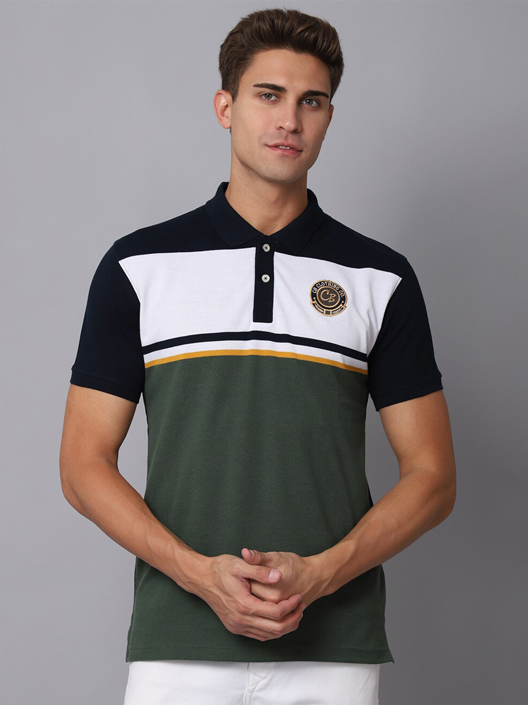 

Cantabil Men Green & duffel bag Polo Collar Applique T-shirt