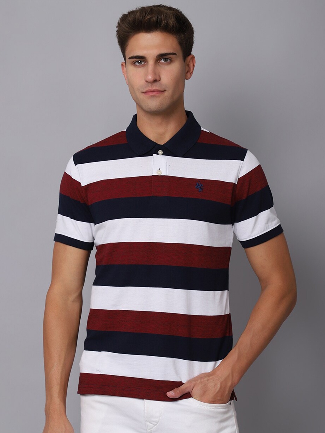 

Cantabil Men Maroon & orchid tint Striped Polo Collar Monochrome T-shirt