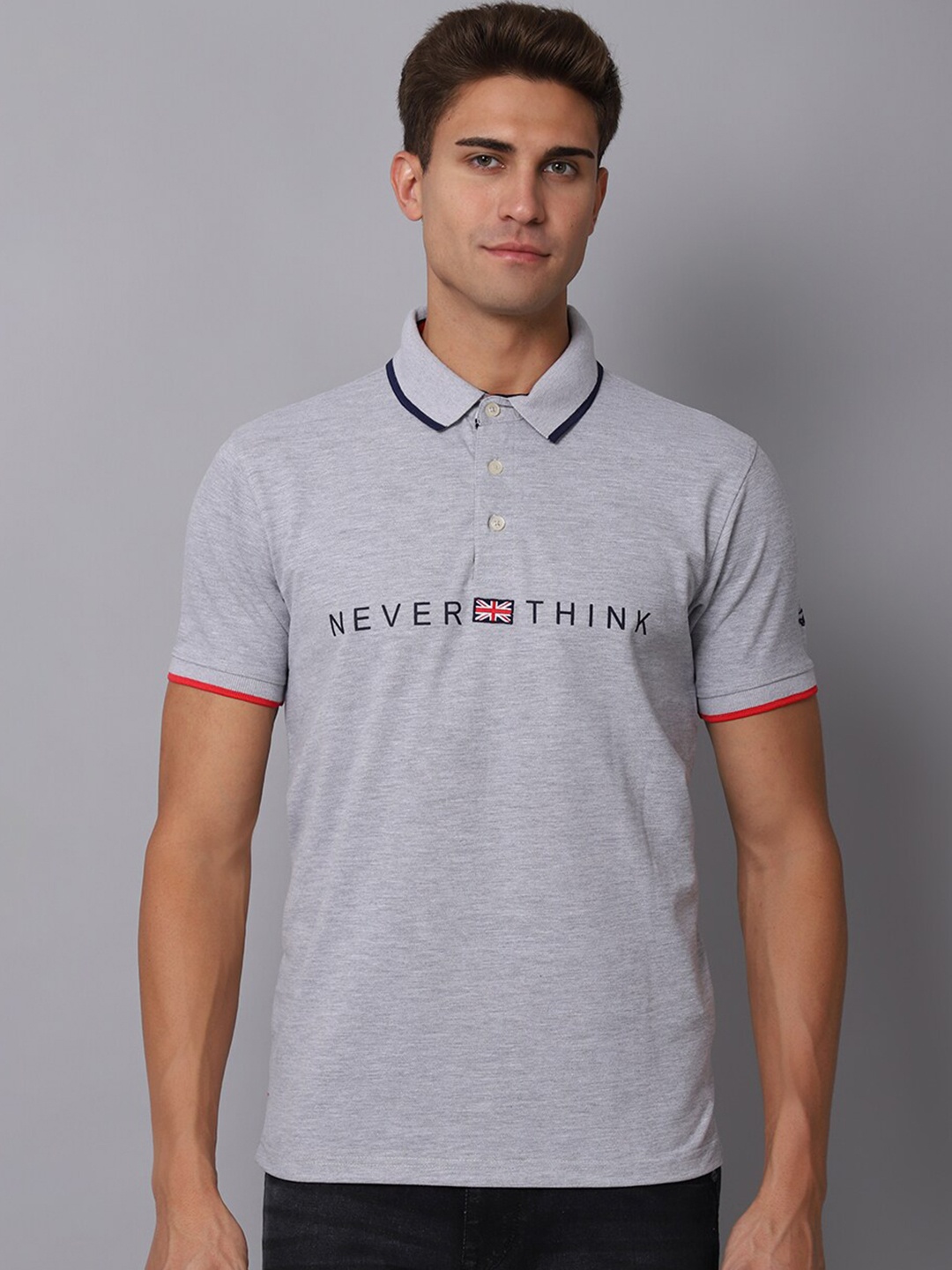 

Cantabil Men Grey & pearl blue Typography Polo Collar T-shirt