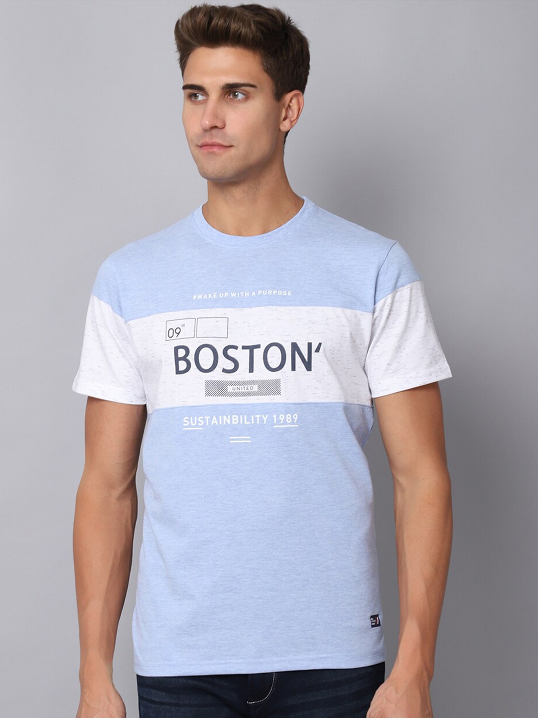 

Cantabil Men Blue & magnolia Typography Printed Applique T-shirt