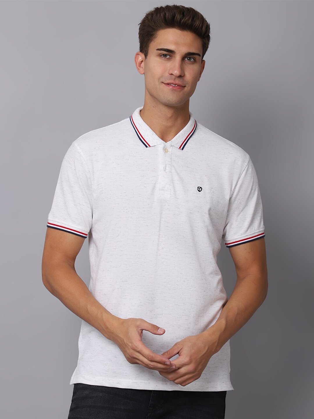 

Cantabil Men Off White & christmas silver Polo Collar Applique T-shirt