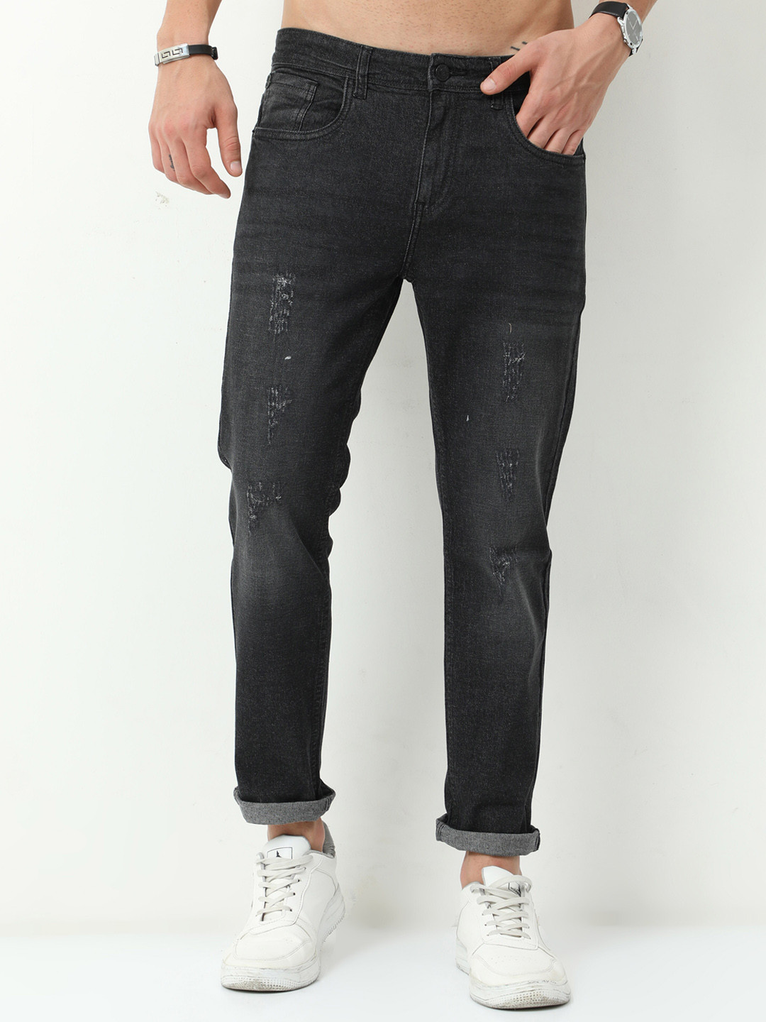 

Old Grey Men Black Slim Fit Mildly Distressed Stretchable Jeans