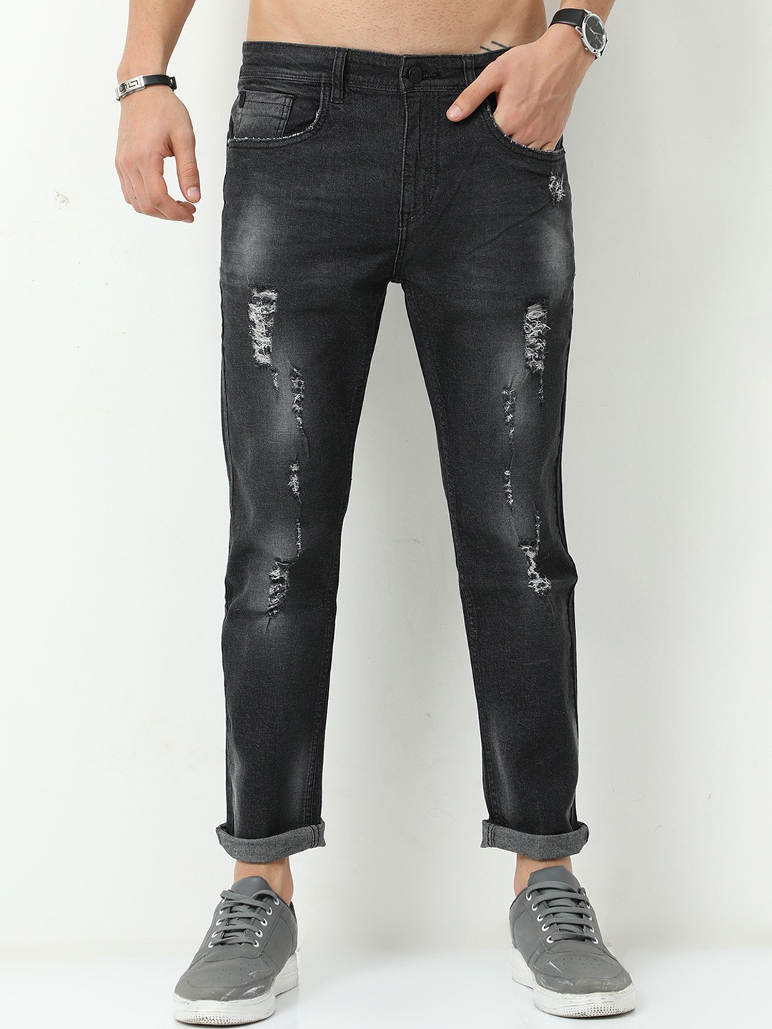 

Old Grey Men Slim Fit Heavy Distressed Light Fade Stretchable Jeans, Black