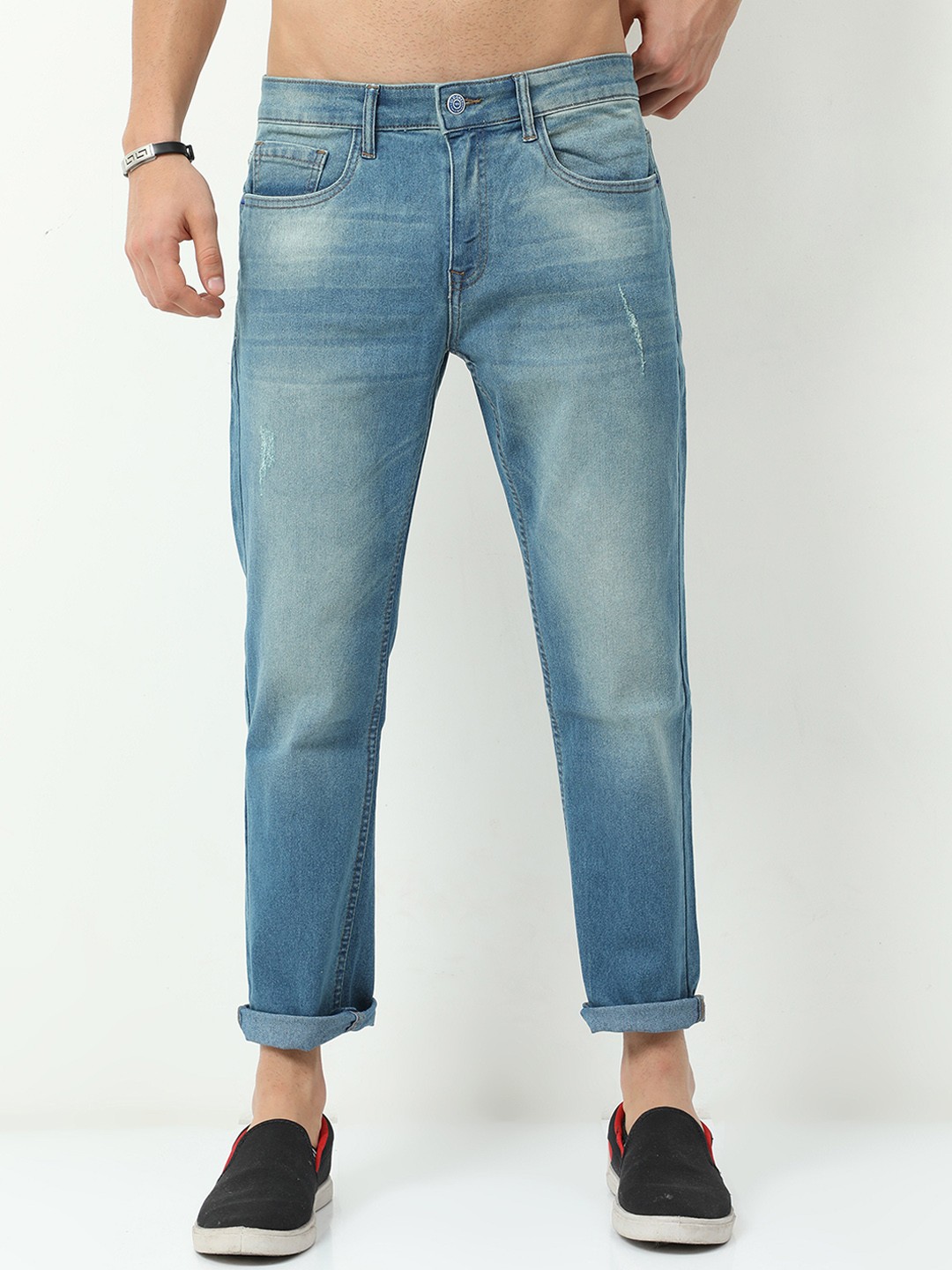 

Old Grey Men Tapped Fit Low Distress Heavy Fade Stretchable Jeans, Blue