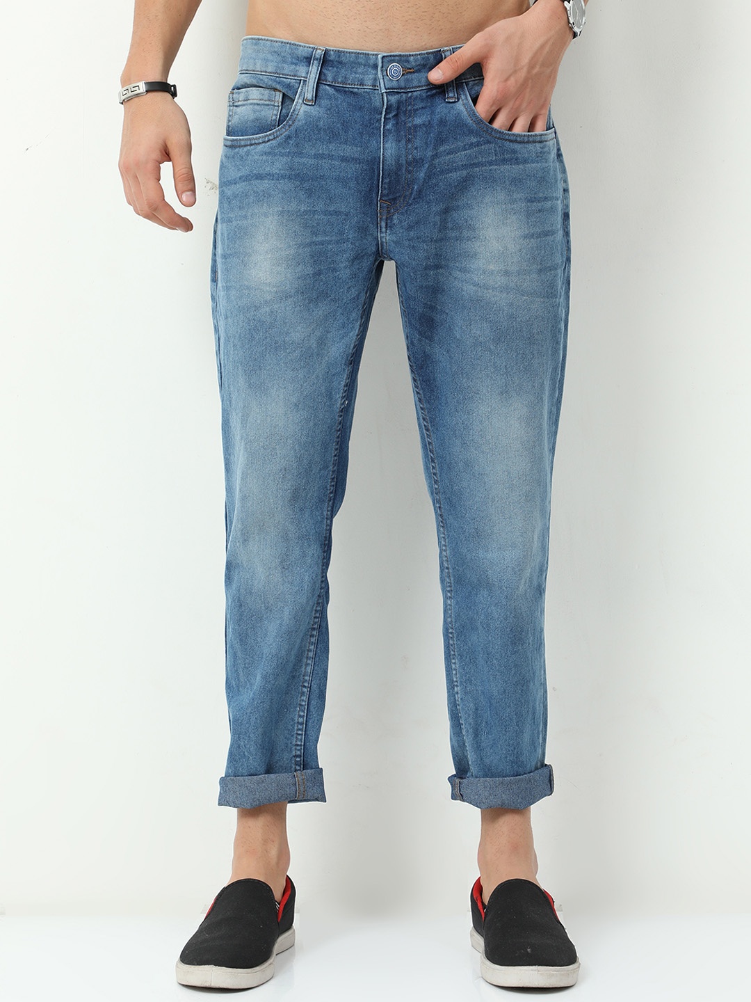 

Old Grey Men Tapped Fit Low Distress Heavy Fade Stretchable Jeans, Blue