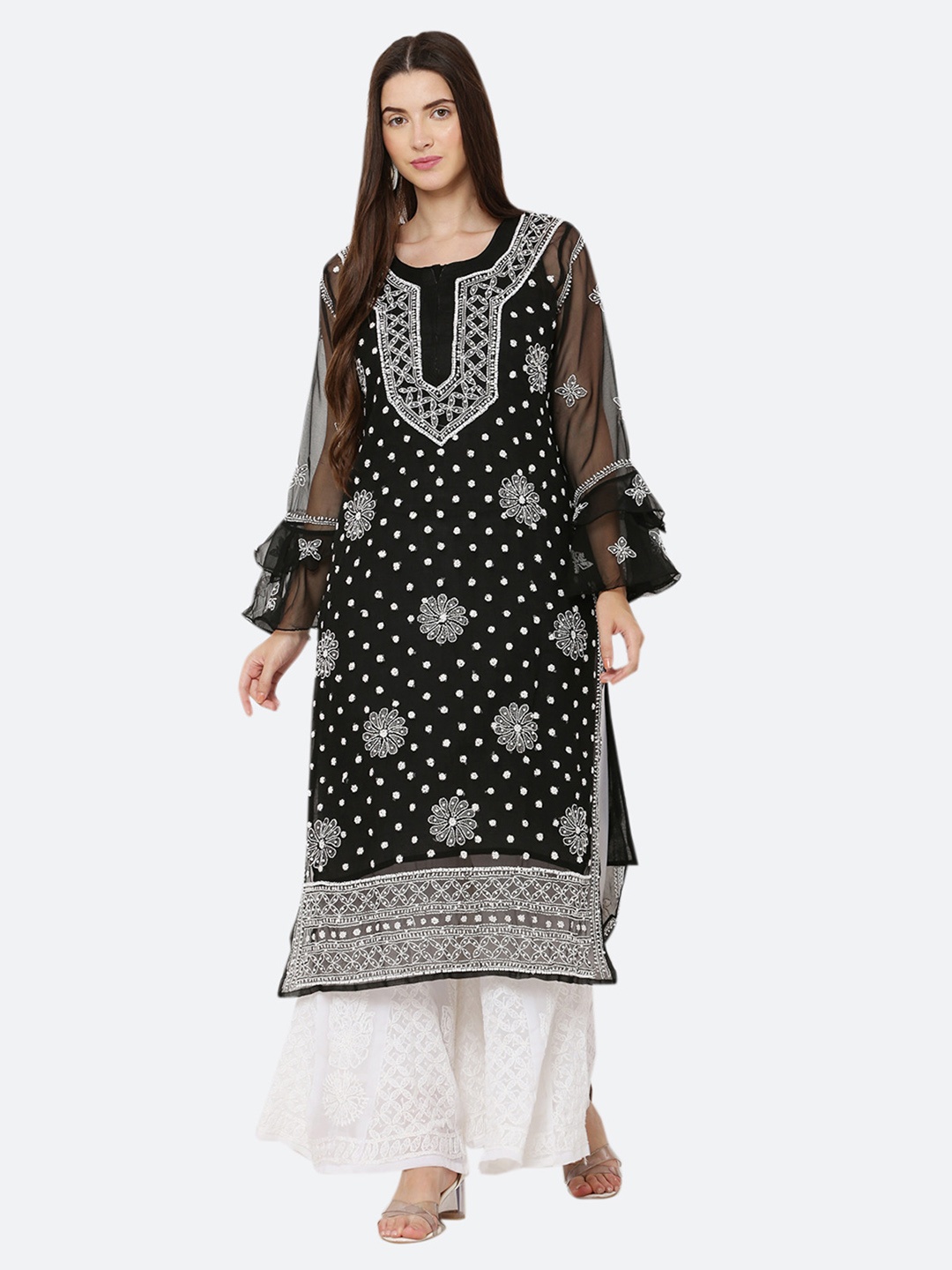

FAWOMENT Women Black Embroidered Keyhole Neck Flared Sleeves Mirror Work Handloom Georgette Pathani Kurta