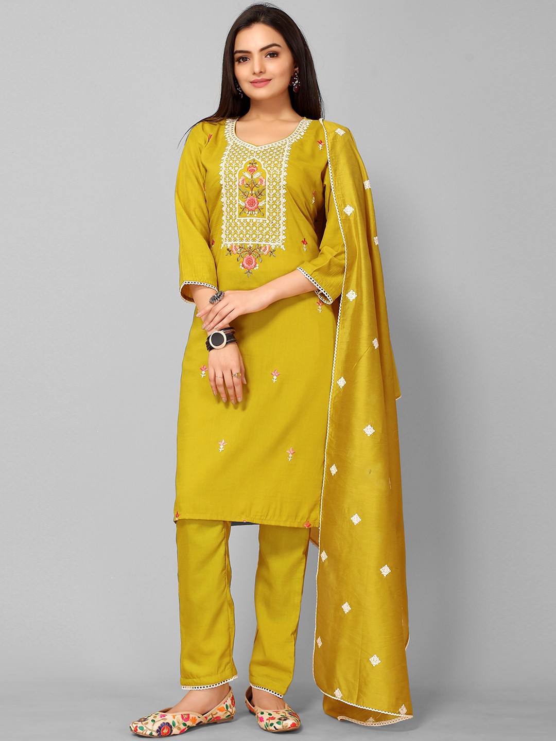 

KALINI Women Mustard Yellow Floral Embroidered Thread Work Kurti with Palazzos & With Dupatta