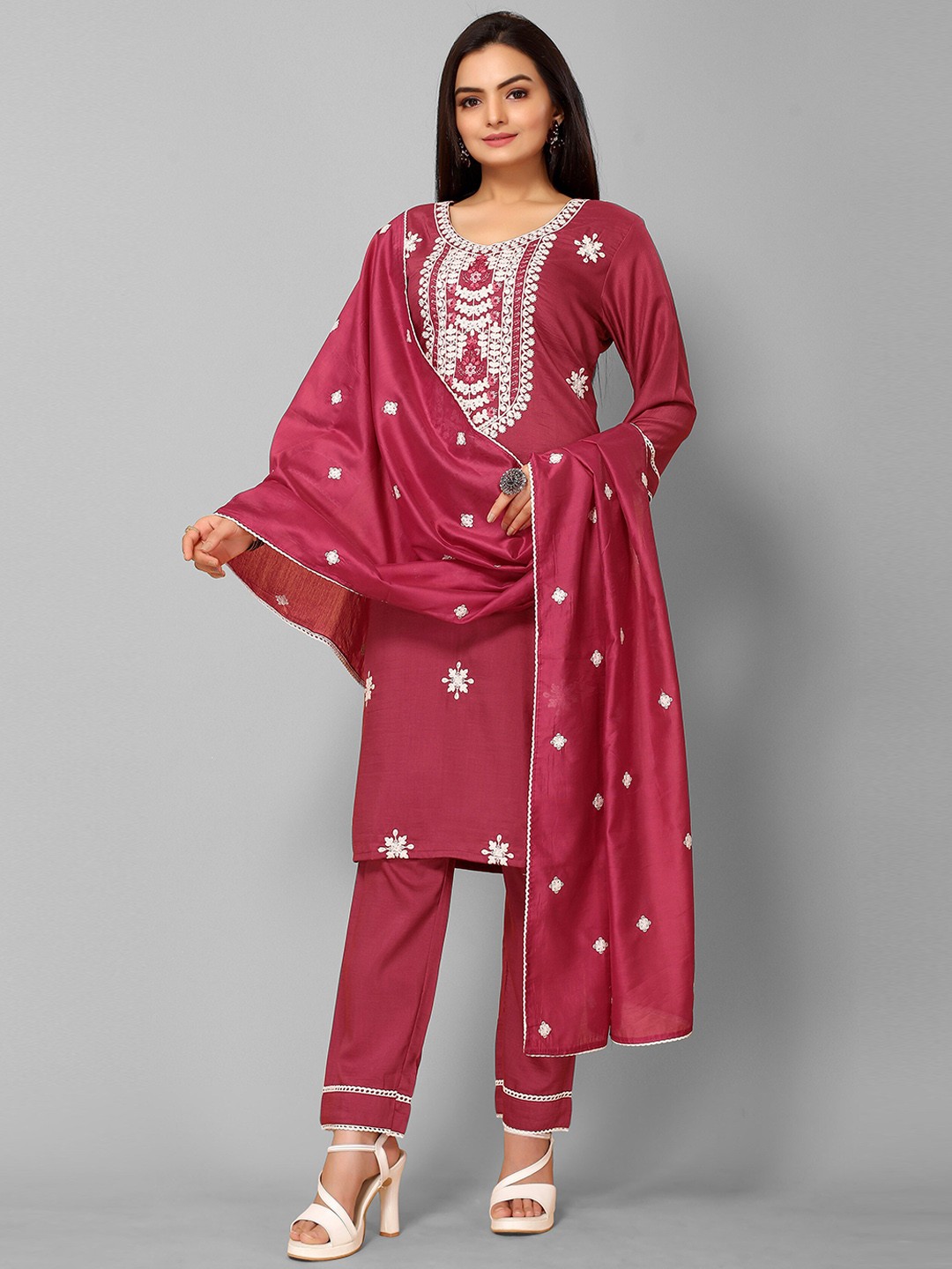 

KALINI Women Maroon Floral Embroidered Layered Thread Work Kurta with Trousers & With Dupatta