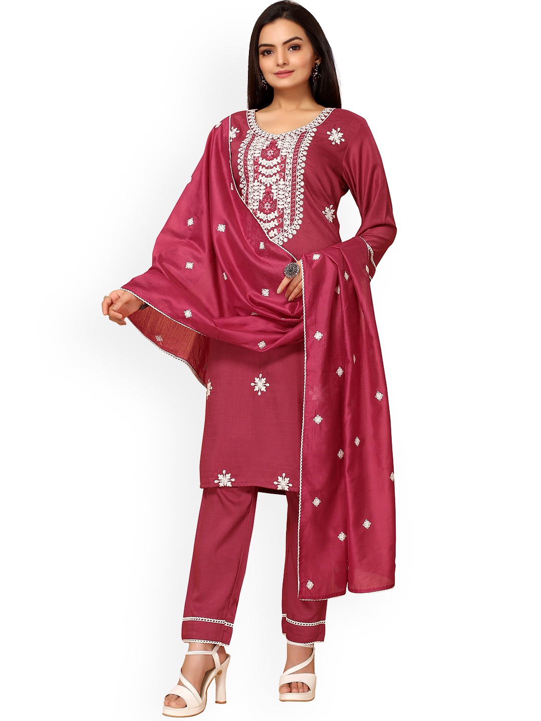 

Nimayaa Women Maroon Floral Embroidered Layered Thread Work Kurti with Churidar & With Dupatta