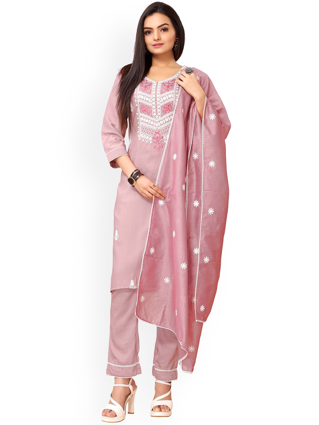 

Nimayaa Women Peach-Coloured Floral Embroidered Thread Work Kurta with Churidar & With Dupatta