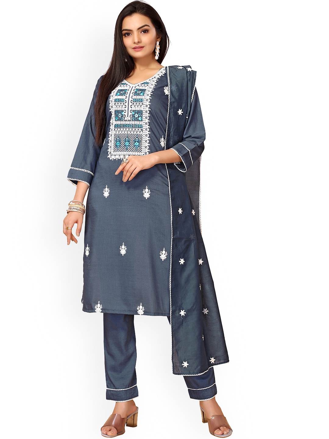 

Nimayaa Women Teal Thread Work Kurti with Trousers & With Dupatta