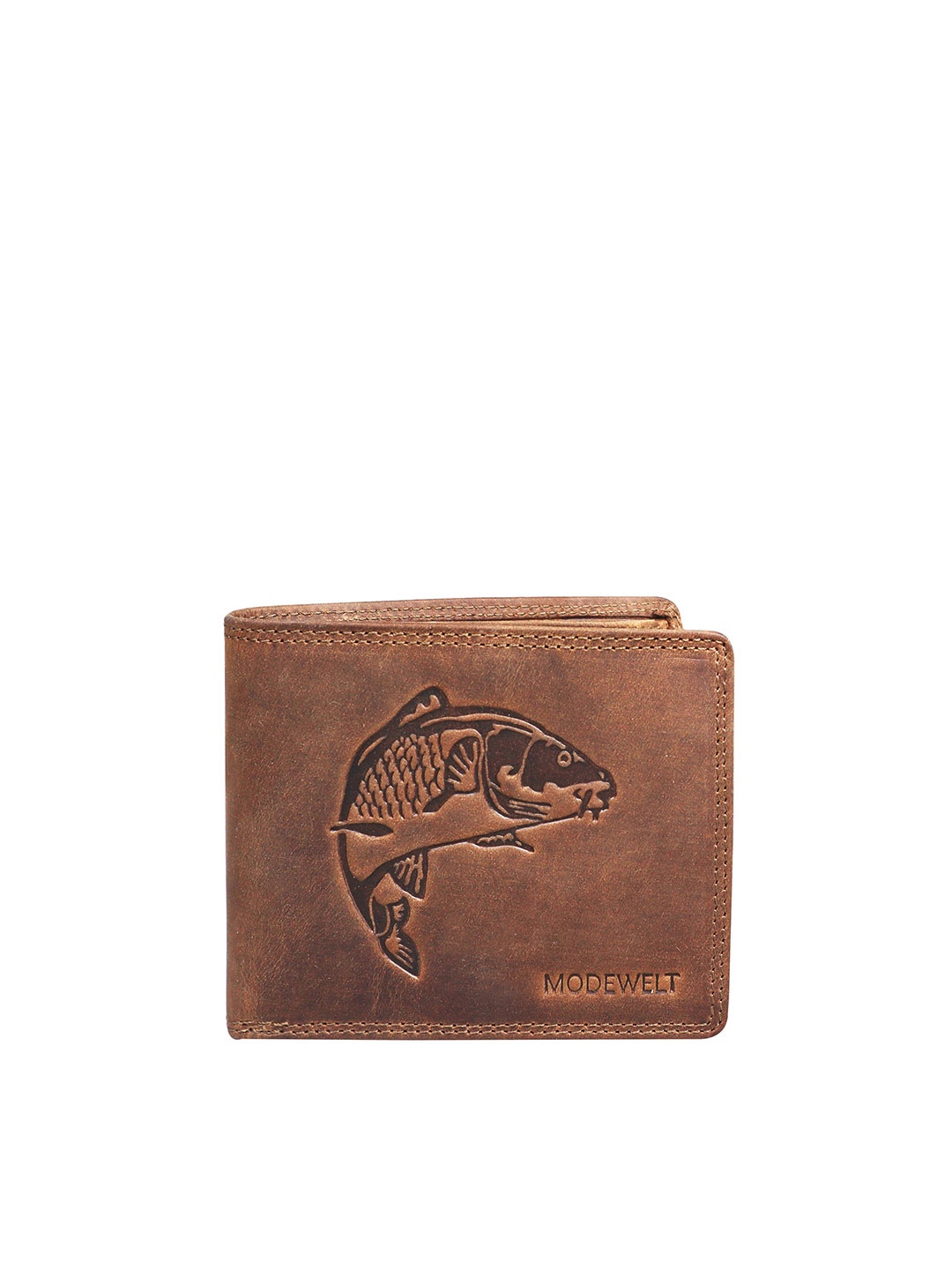 

Modewelt Men Brown Abstract Textured Leather Two Fold Wallet