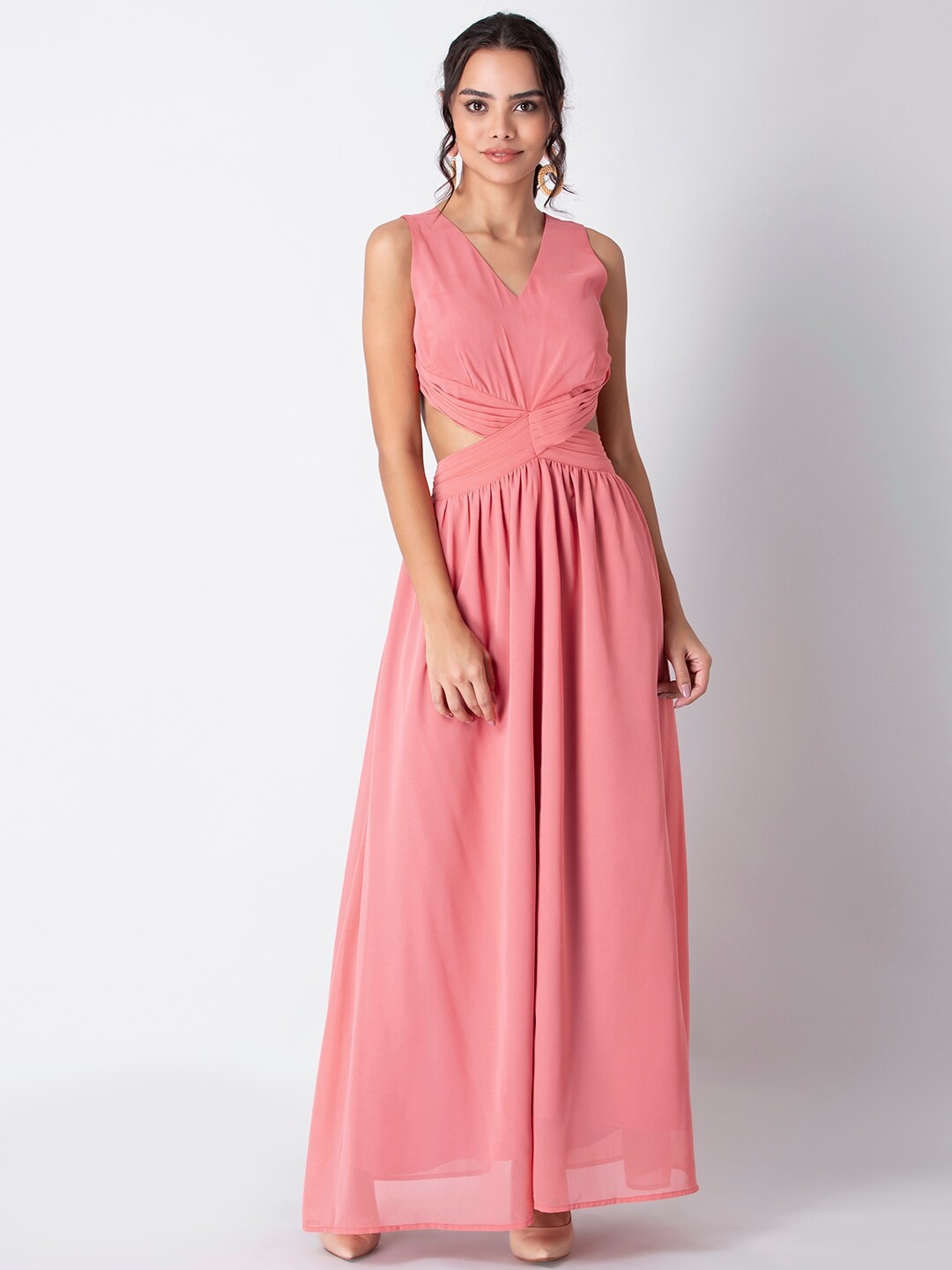 

FabAlley Pink & christmas silver Georgette Maxi Dress