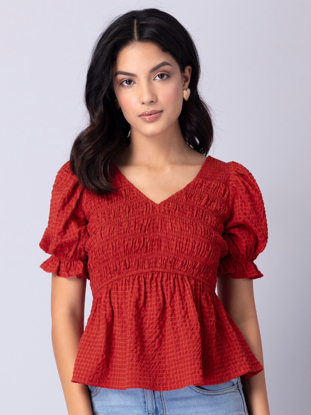 

FabAlley Red & madder lake Crepe Peplum Top