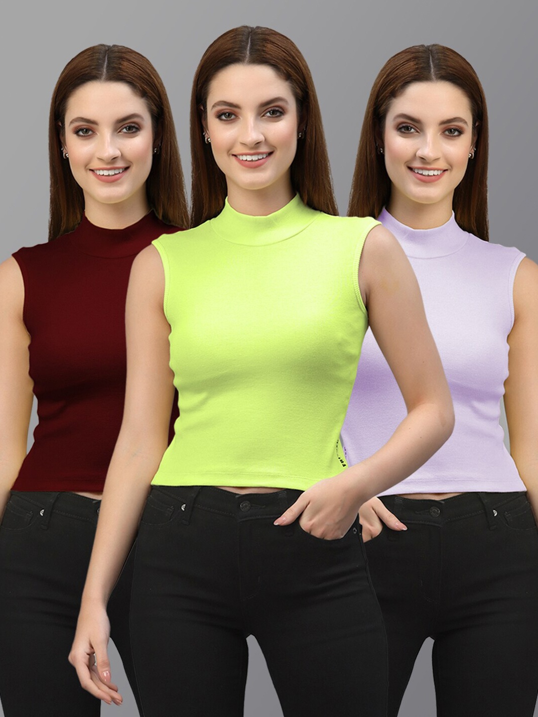 

Friskers Pack of 3 Solid Sleeveless Knitted Crop Tops, Fluorescent green