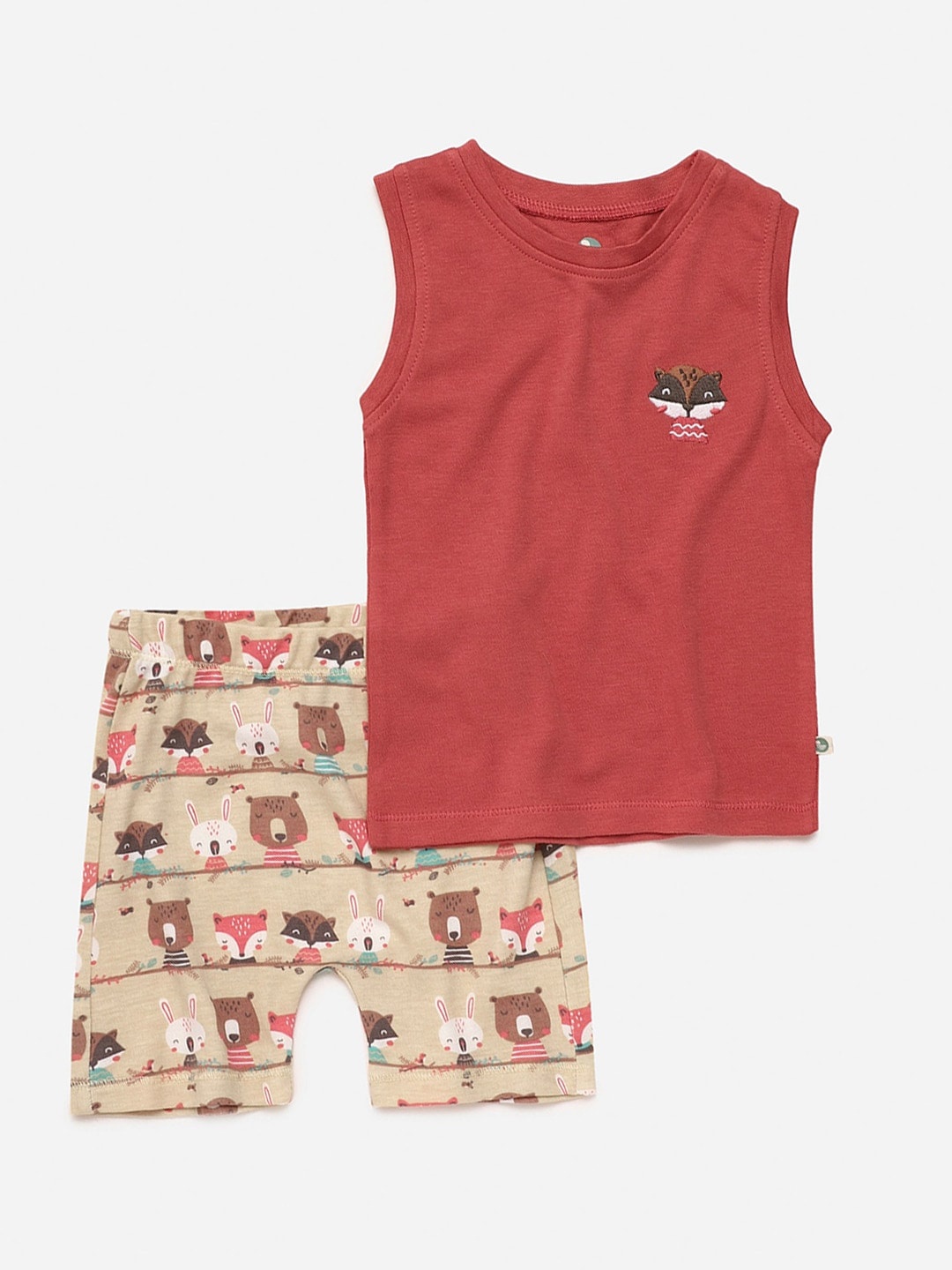

cocoon care Kids Red & Beige Printed Bamboo Sustainable T-shirt with Shorts