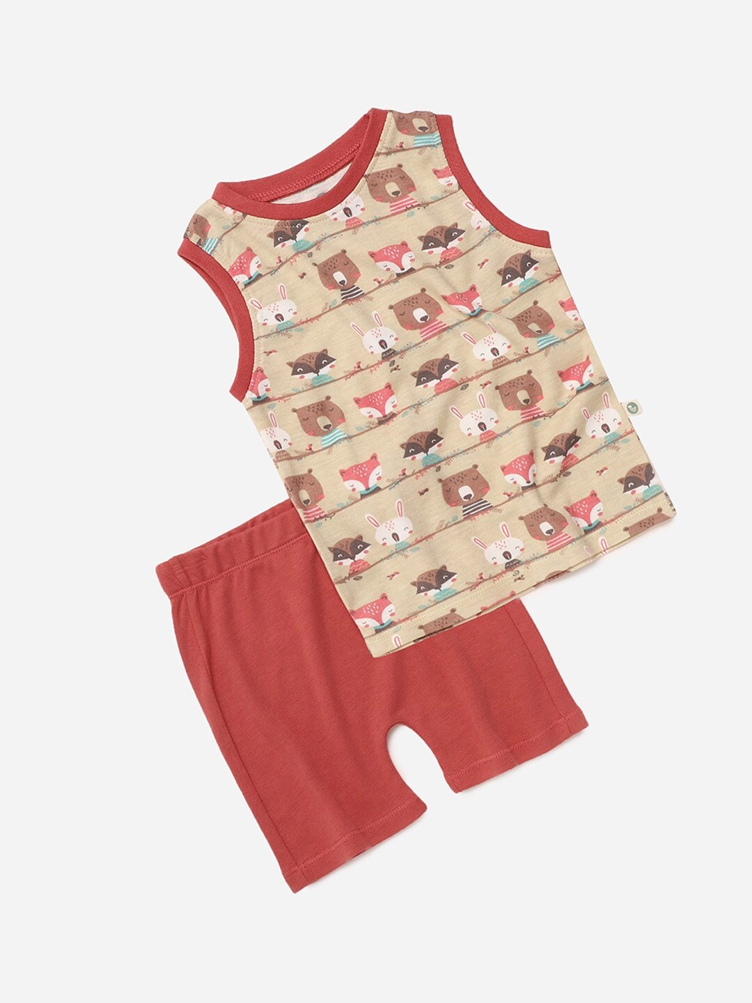 

cocoon care Kids Beige & Red Printed Bamboo Sustainable T-shirt with Shorts