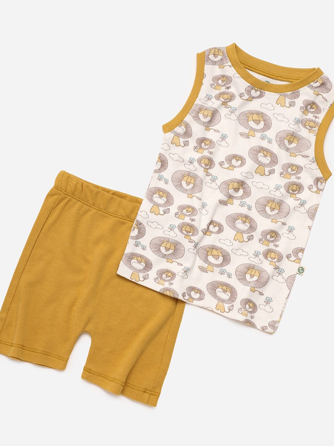 

cocoon care Kids Off-White & Mustard Yellow Printed Bamboo Sustainable T-shirt with Shorts