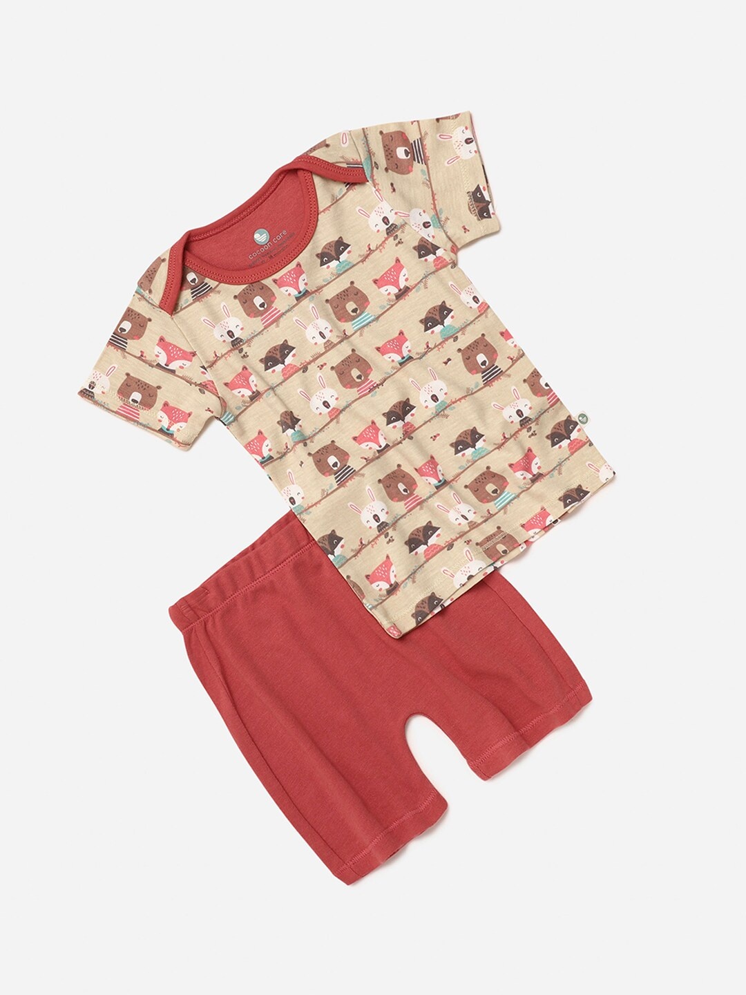 

cocoon care Kids Beige & Rust Red Printed Bamboo Sustainable T-shirt with Shorts