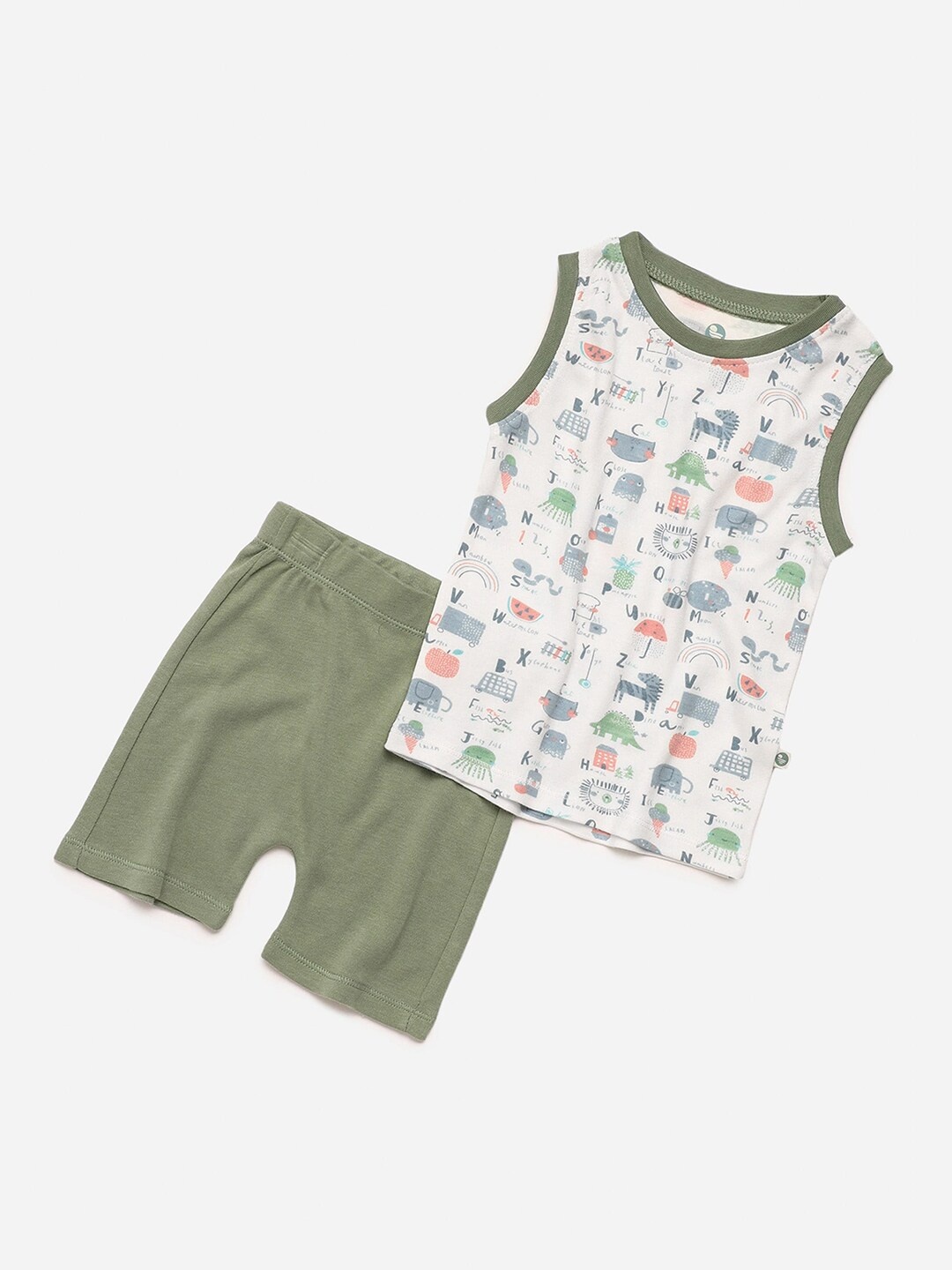 

cocoon care Kids White & Olive Green Printed Bamboo Sustainable T-shirt with Shorts