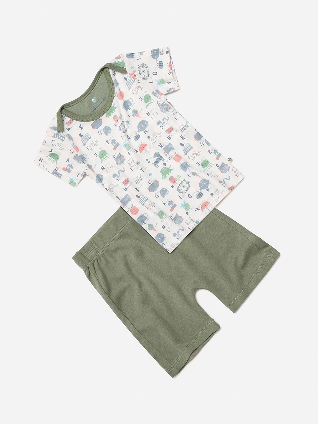 

cocoon care Kids White & Olive Green Printed Bamboo Sustainable T-shirt with Shorts