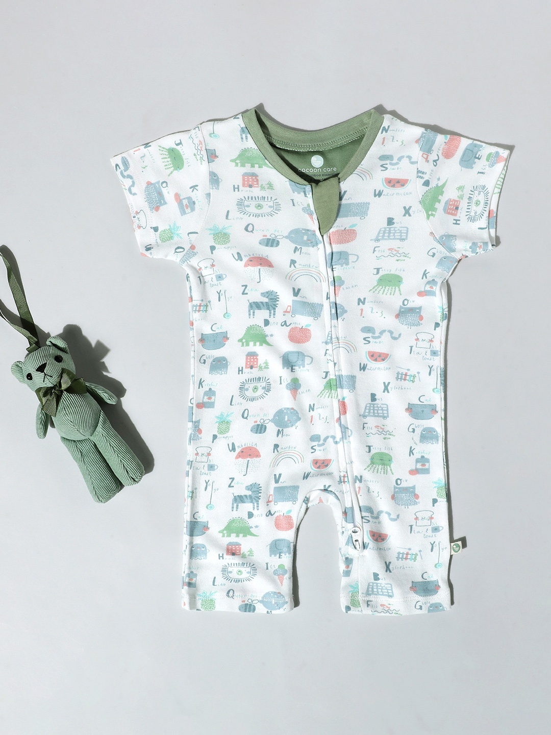 

cocoon care Infants White & Green Printed Rompers