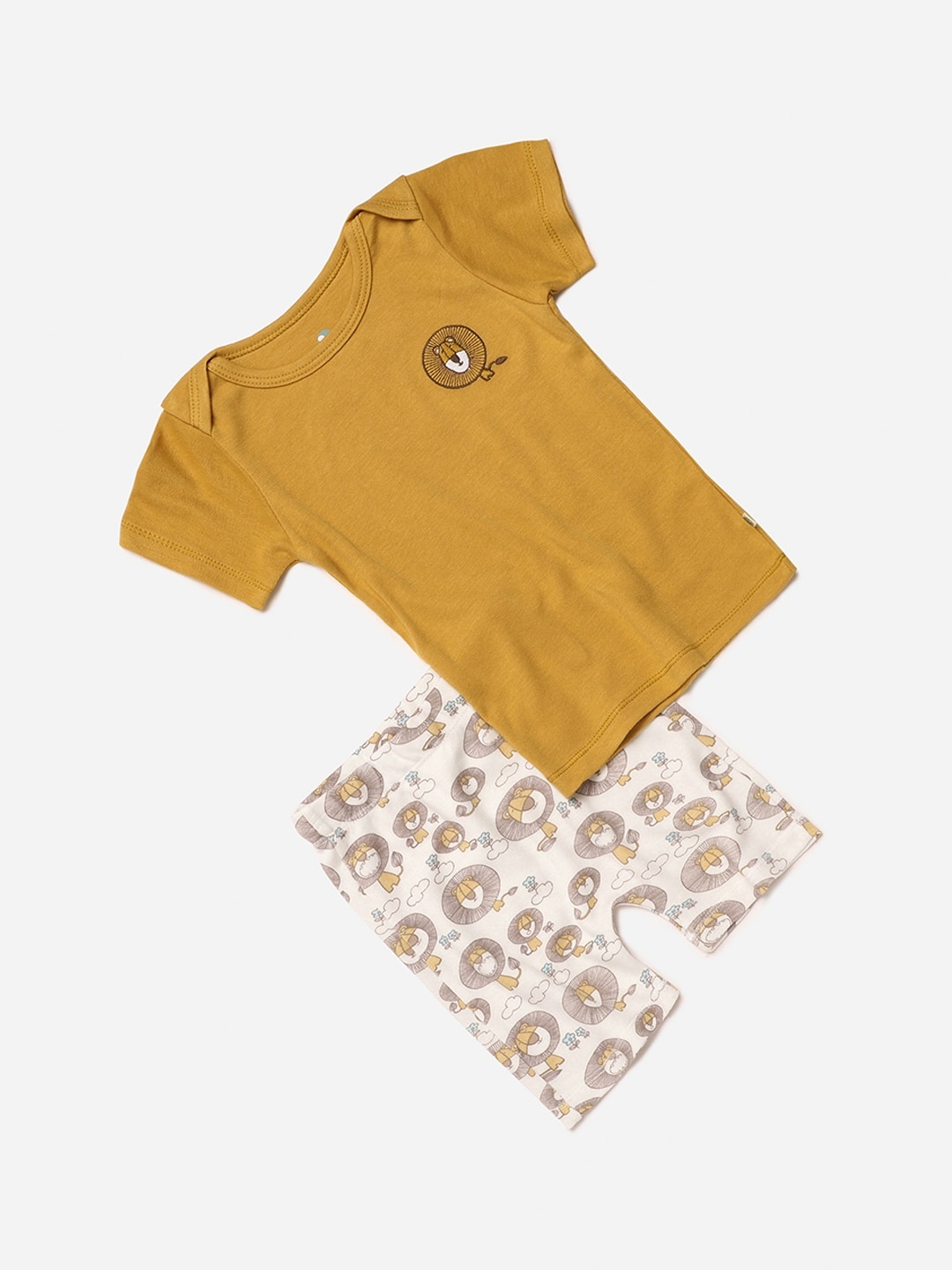 

cocoon care Kids Mustard Yellow & White Printed Bamboo Sustainable T-shirt with Shorts