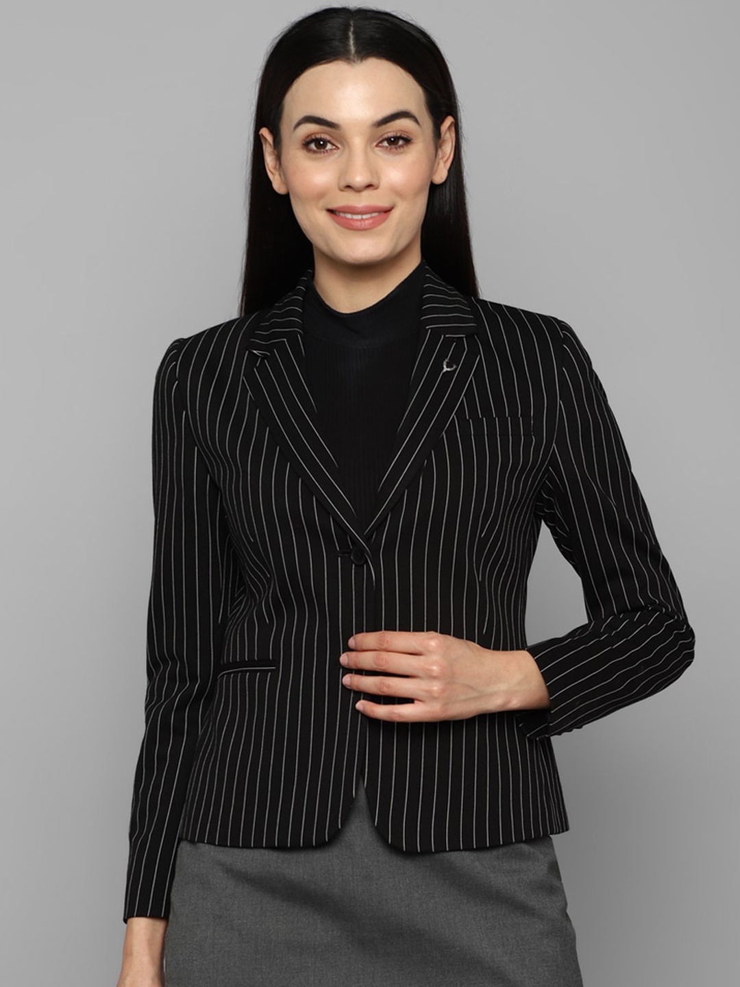 

Allen Solly Woman Black Striped Single Breasted Blazers