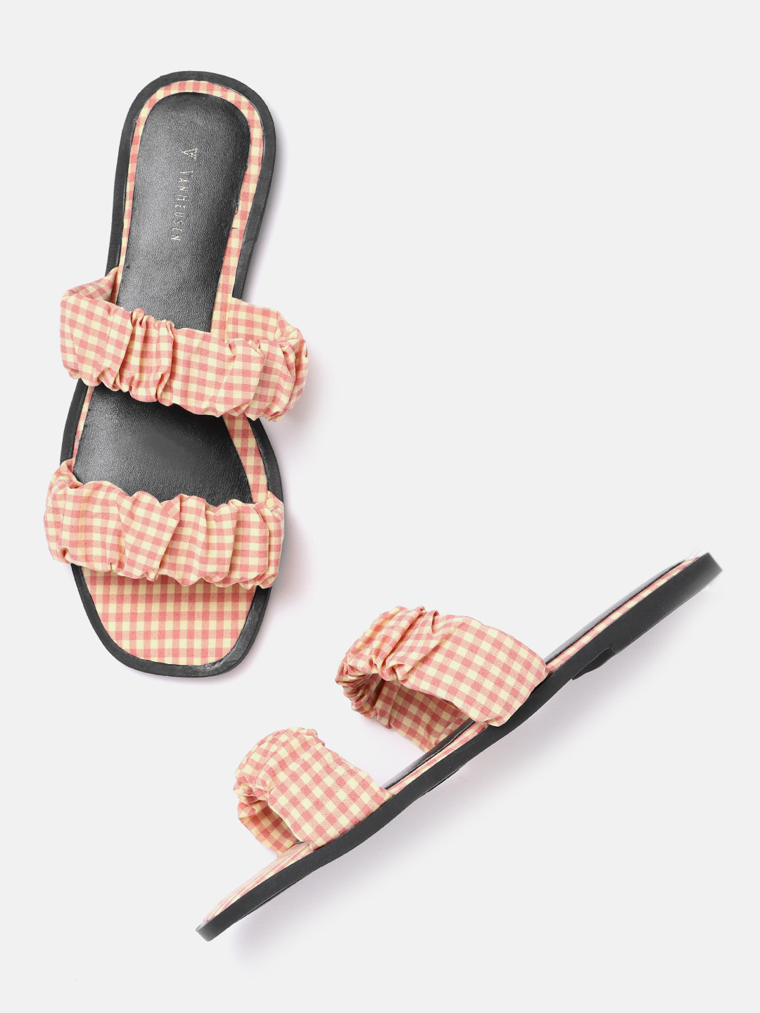 

Van Heusen Woman Yellow & Pink Checked Open Toe Flats