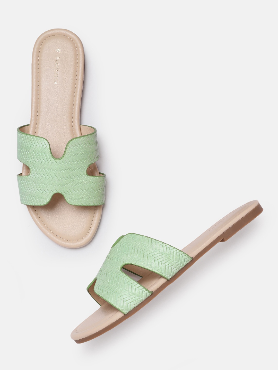 

Van Heusen Woman Green Basketweave Textured Open Toe Flats
