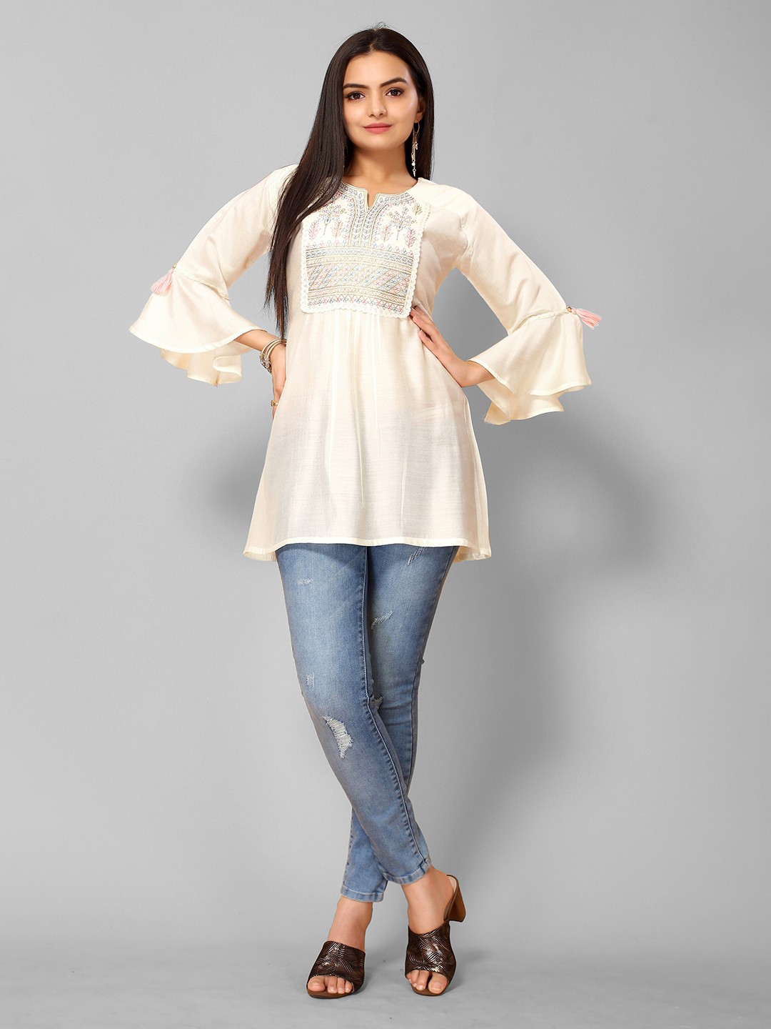

KALINI Off White Embroidered Bell Sleeved Top