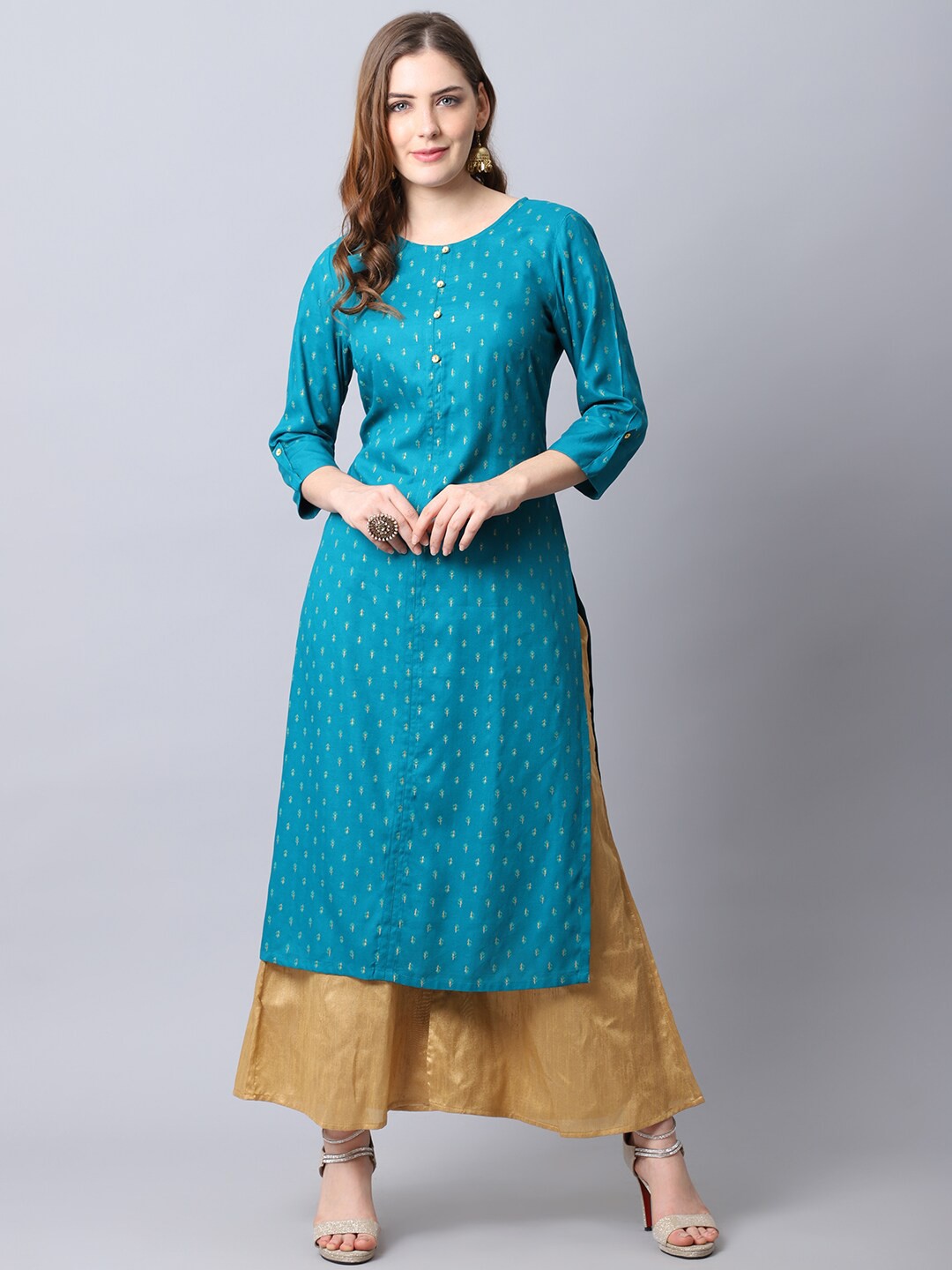 

Cantabil Women Teal Blue & Yellow Ethnic Motifs Printed Straight Kurta