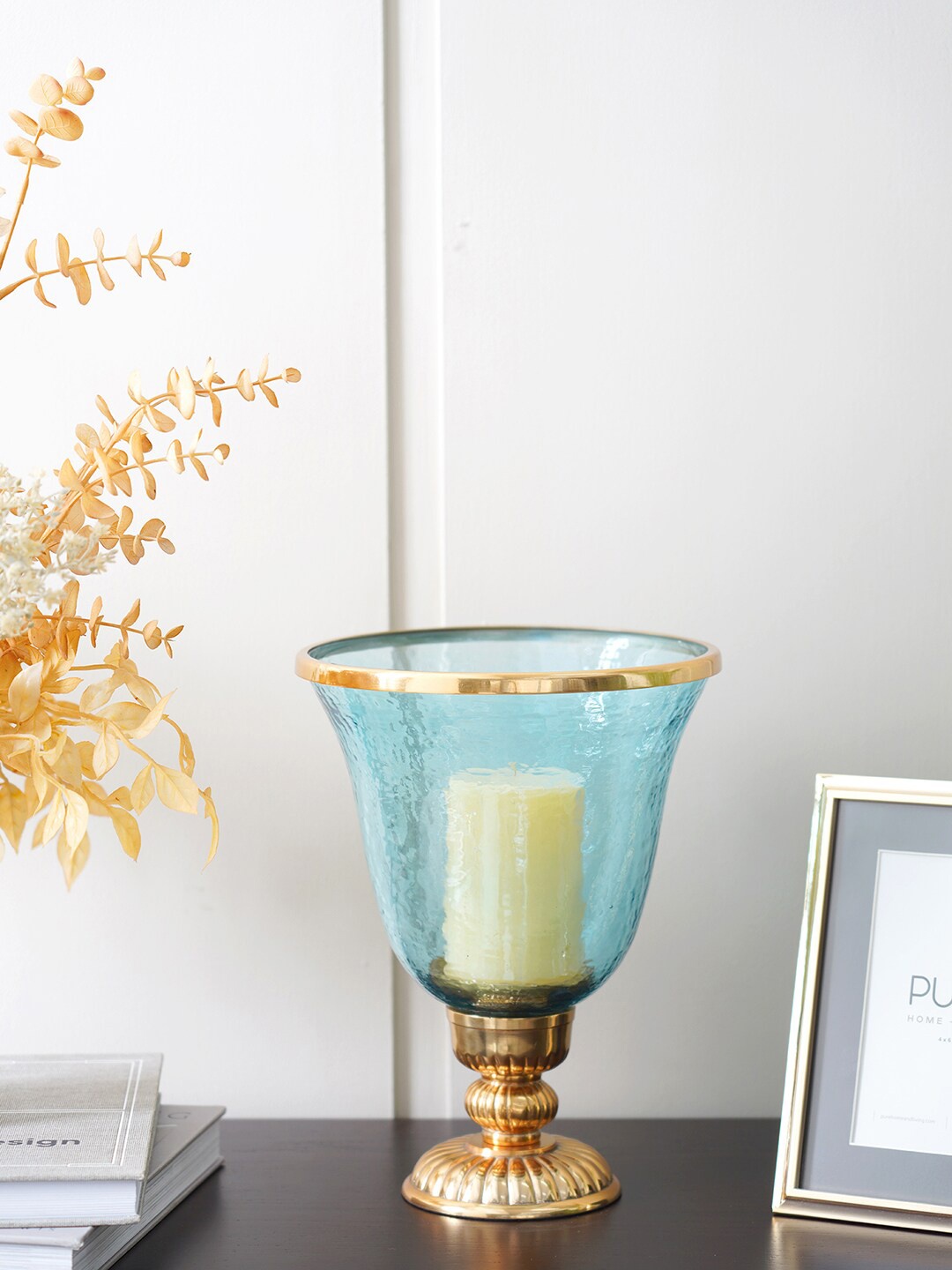 

Pure Home and Living Blue & Gold Solid Glass Candle Holders