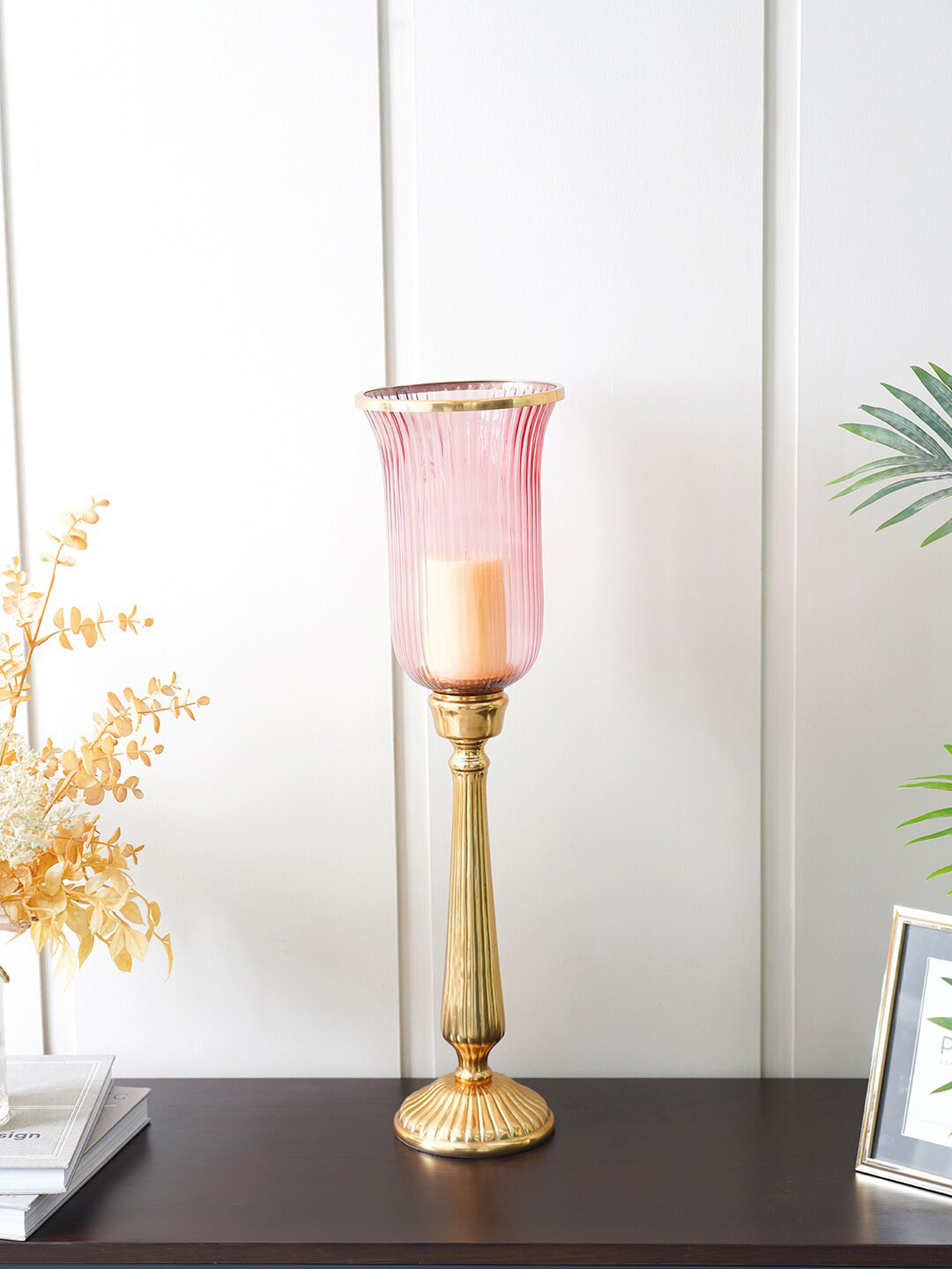 

Pure Home and Living Pink & Gold-Toned Textured Noor Hurricane Candle Holder