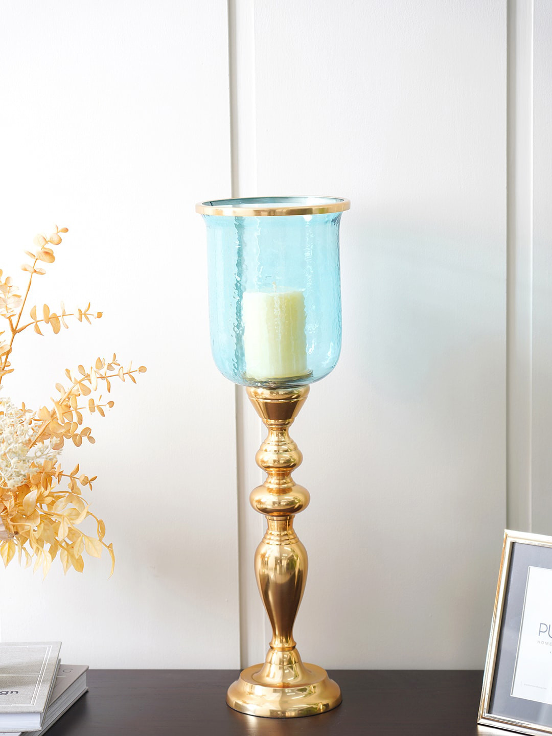 

Pure Home and Living Blue & Gold-Toned Textured Hurricane Candle Holder