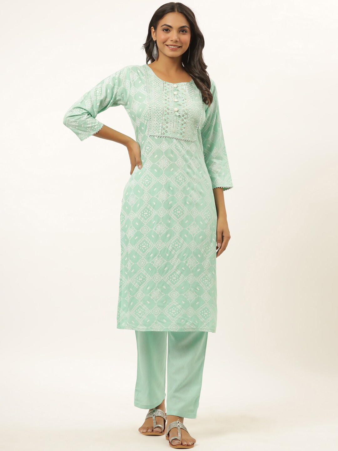 

Yufta Women Sea Green Floral Printed Aari Work Kurta with Trousers