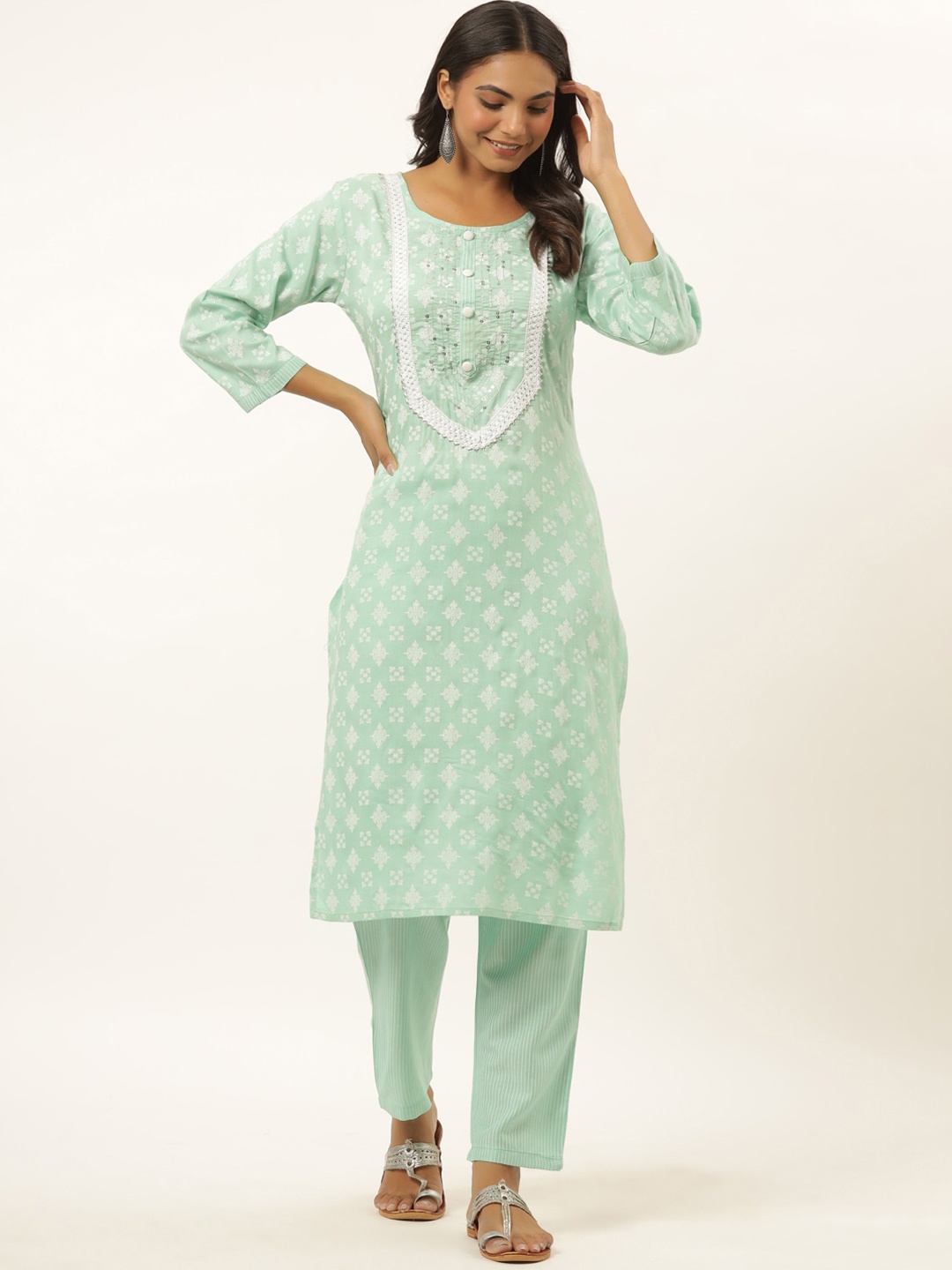 

Yufta Women Sea Green Ethnic Motifs Printed Aari Work Kurta with Trousers