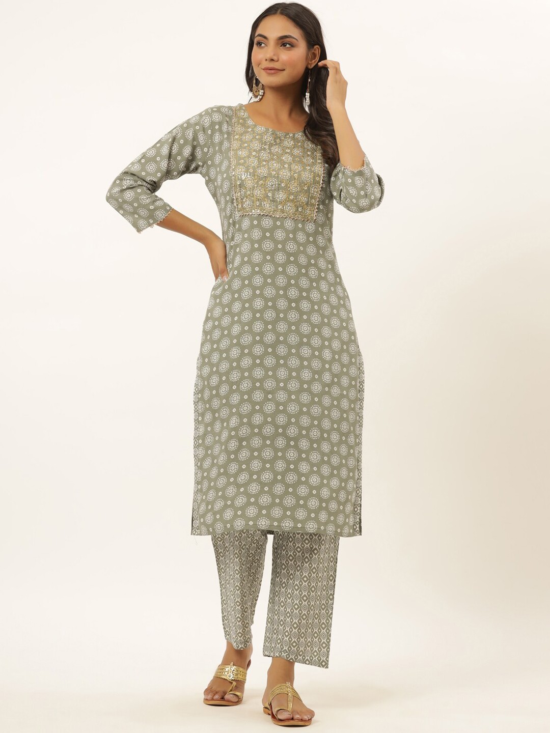 

Yufta Women Grey Printed Sequinned Kurta with Trousers