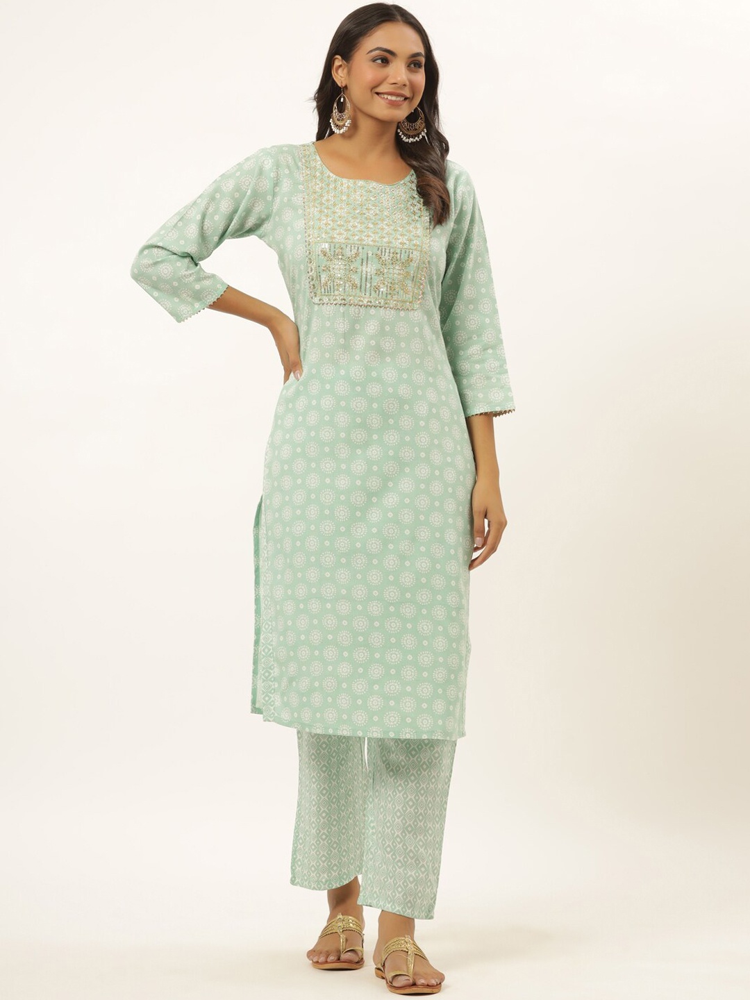 

Yufta Women Sea Green Ethnic Motifs Printed Sequinned Kurta with Trousers