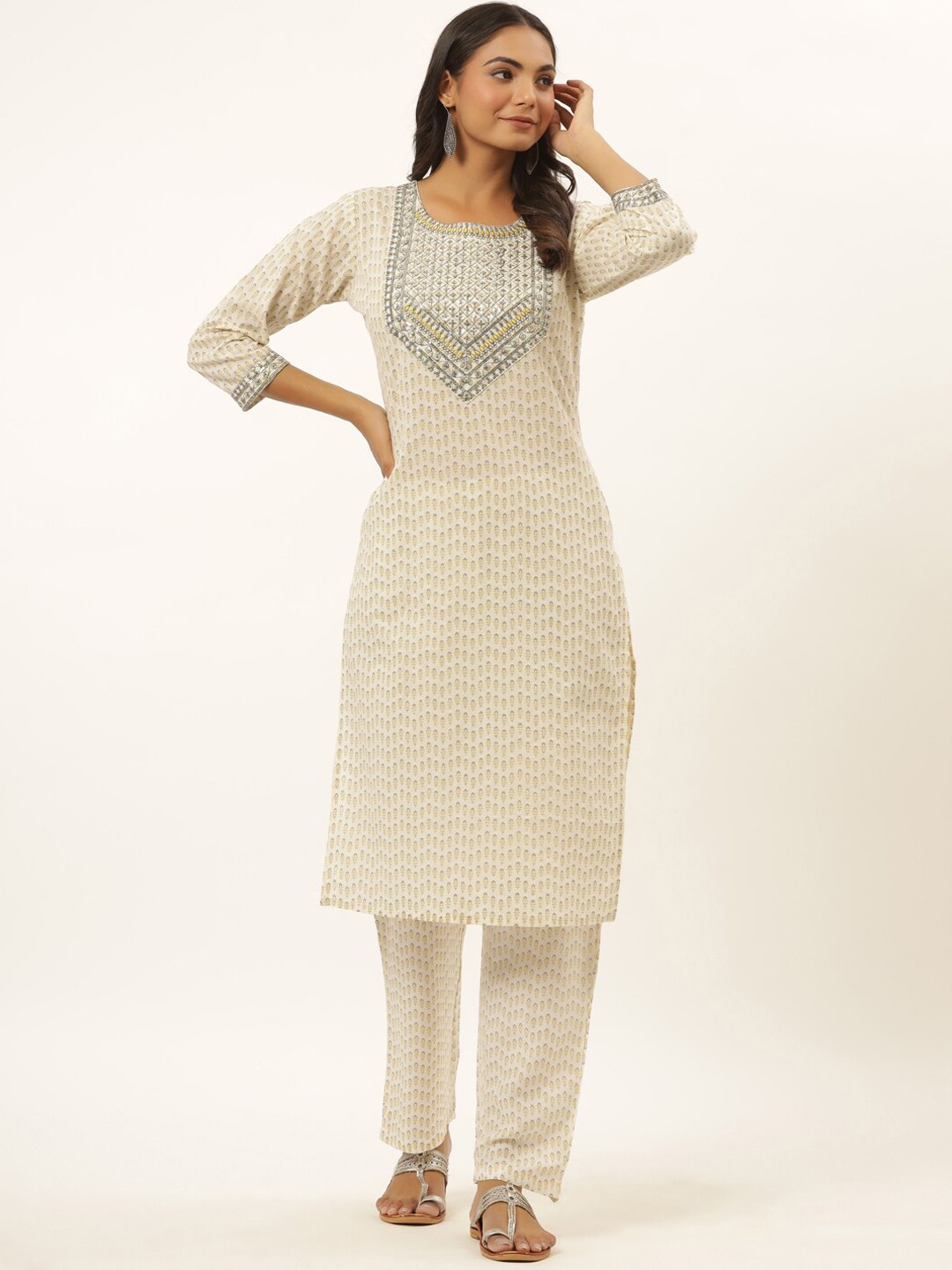 

Yufta Women White Embroidered Sequinned Kurti with Trousers