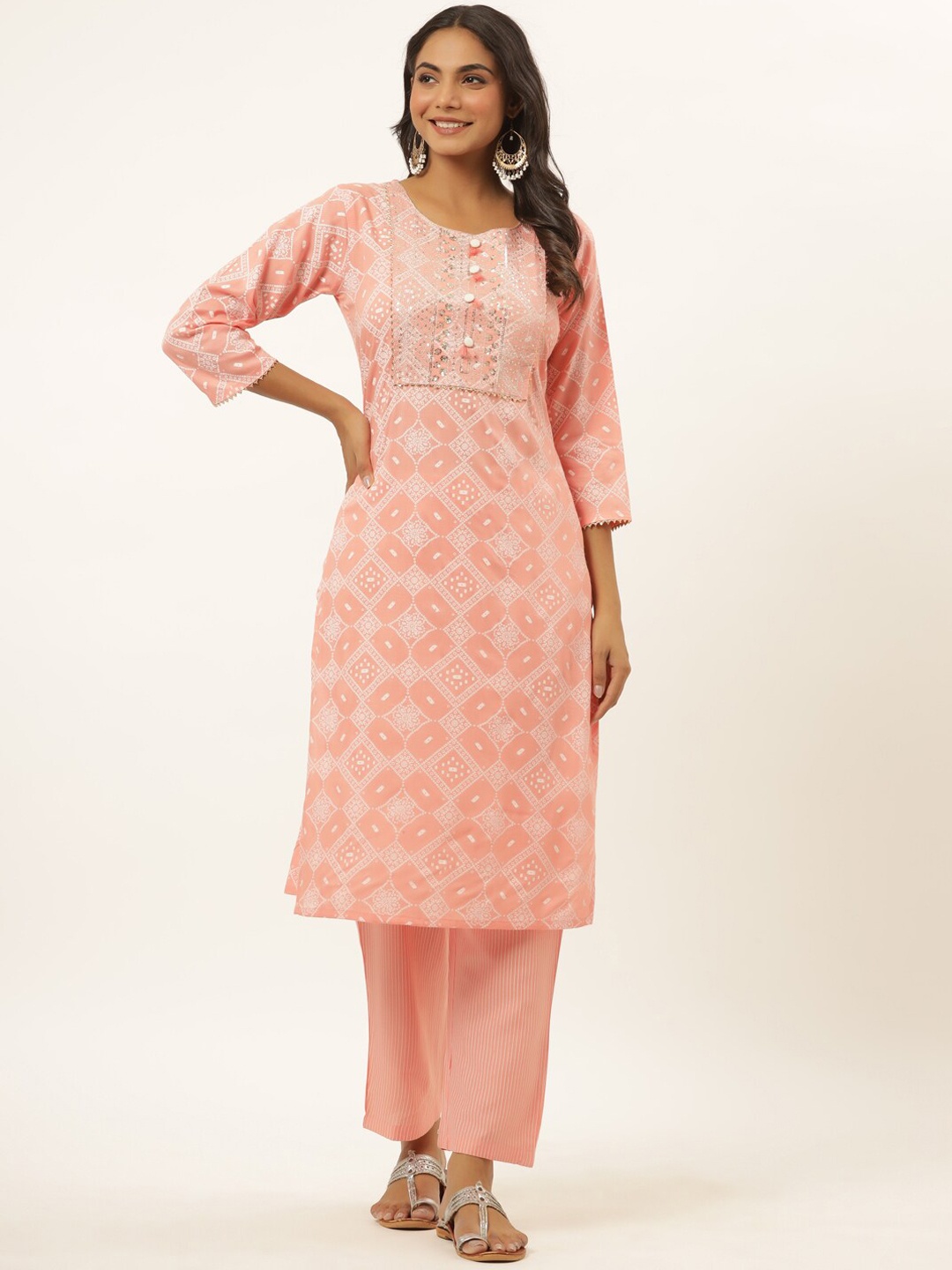 

Yufta Women Pink Ethnic Motifs Embroidered Regular Aari Work Kurti with Trousers
