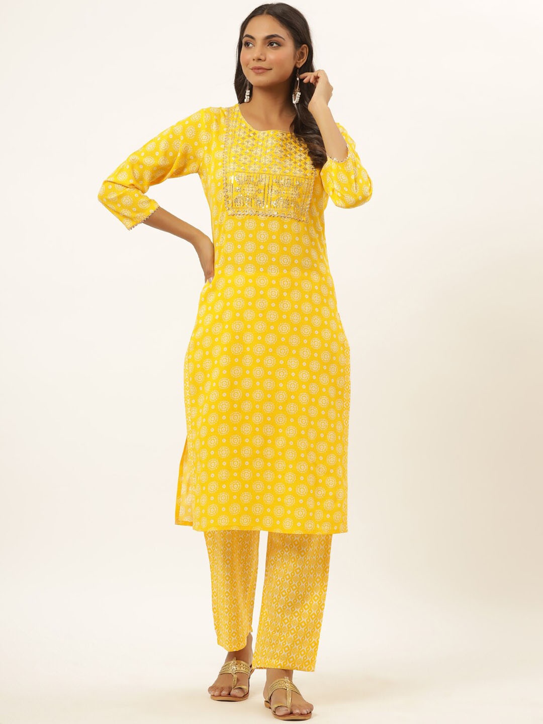 

Yufta Women Mustard Yellow Printed Sequinned Kurti with Trousers