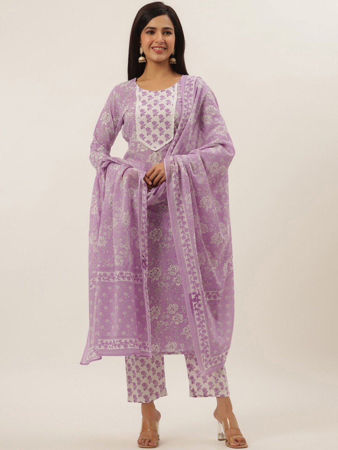 

Yufta Women Lavender Printed Pleated Pure Cotton Kurta with Trousers & With Dupatta
