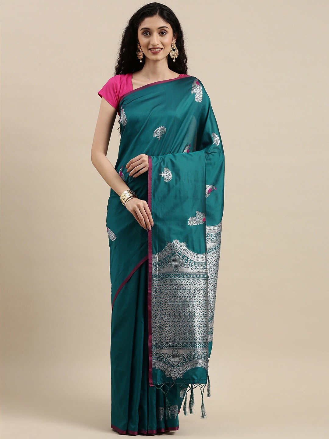 

Pandadi Saree Teal & Silver-Toned Woven Design Zari Silk Blend Banarasi Sarees