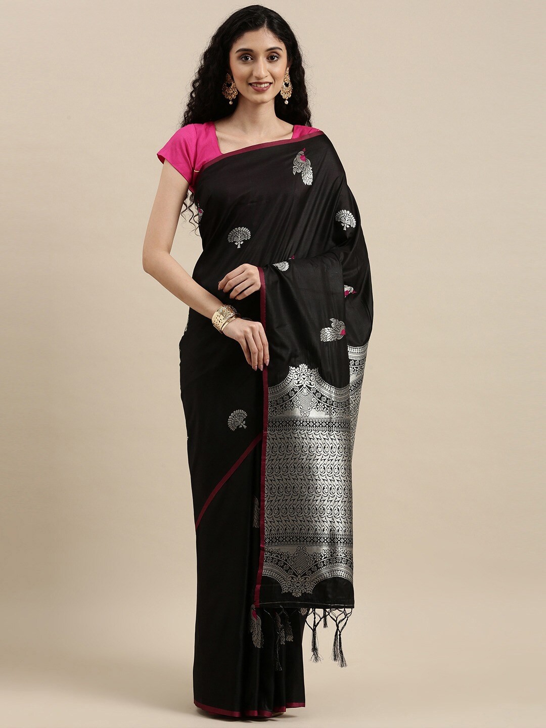 

Pandadi Saree Black & Silver-Toned Woven Design Zari Silk Blend Banarasi Sarees