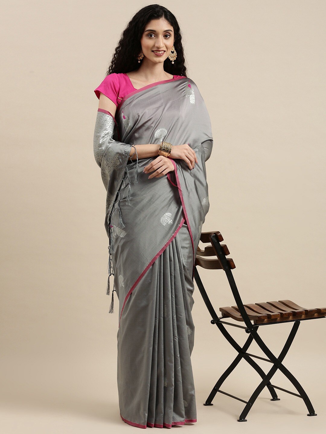 

Pandadi Saree Grey & Silver-Toned Woven Design Zari Silk Blend Banarasi Sarees