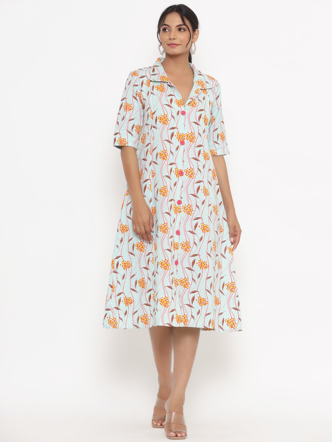 

Do Dhaage Blue Floral Formal Shirt Midi Dress