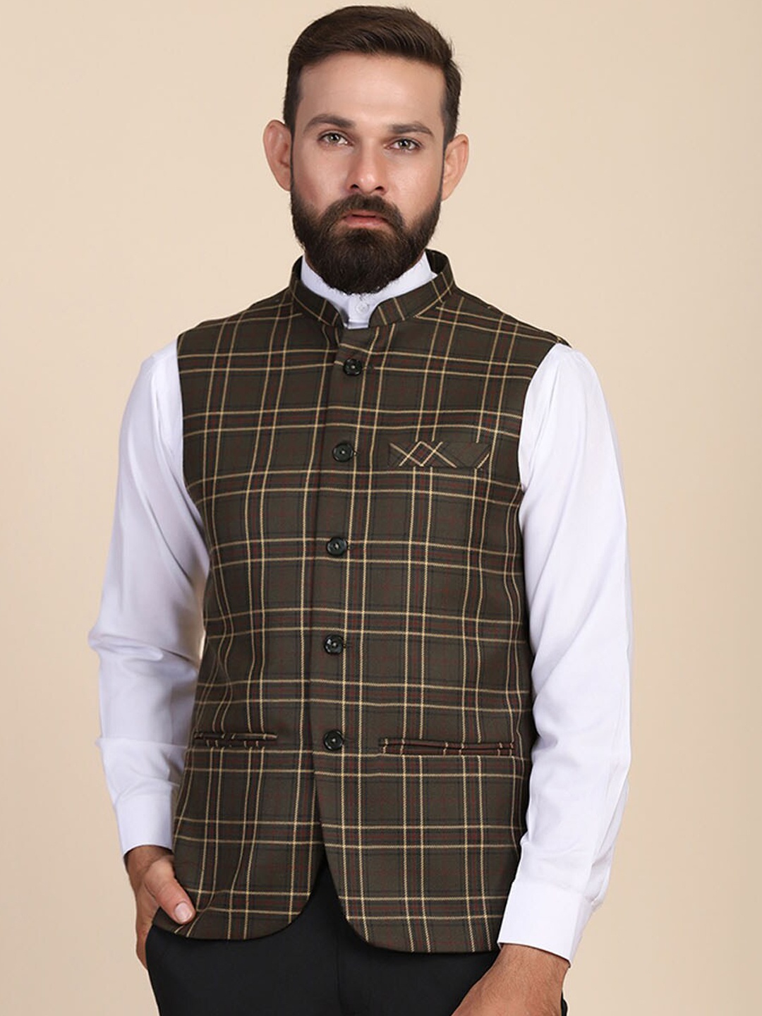 

TAHVO Men Green Checked Woven Nehru Jackets