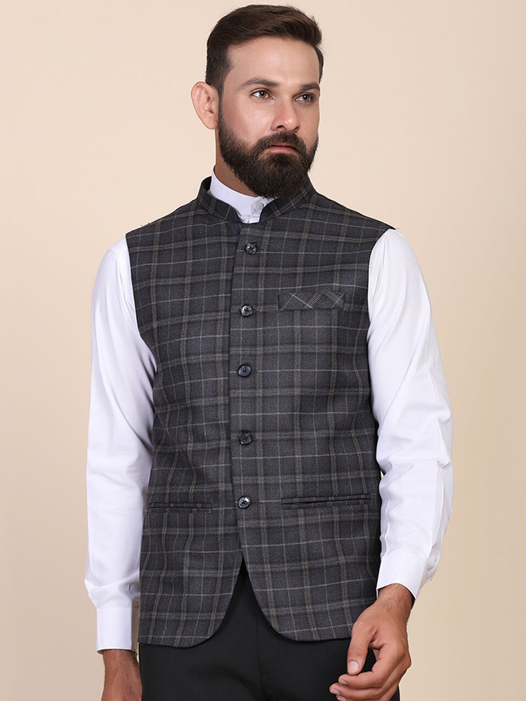 

TAHVO Men Grey Checked Woven Nehru Jacket